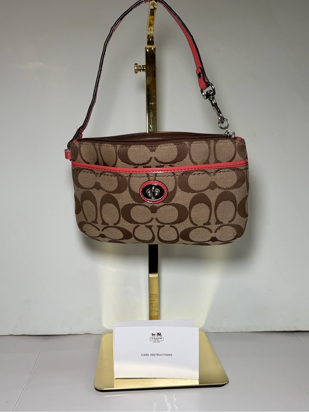 COACH  Park Signature Medium Wristlet Khaki Canvas Pink Leather Trim Bag